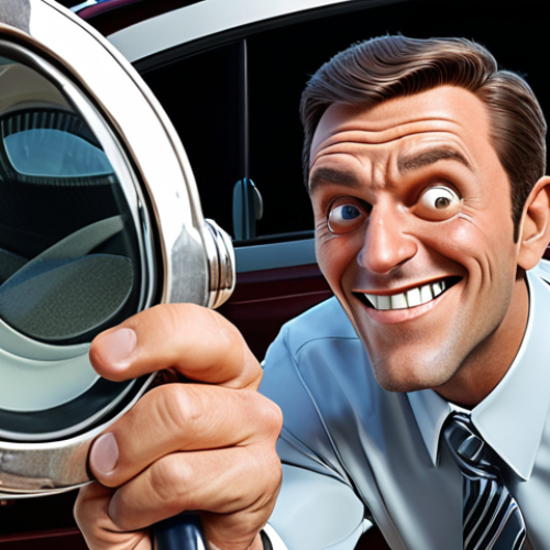 A used car salesman with a sly grin, hiding the car's damage. The buyer looks skeptical, holding a magnifying glass to the engine. Style: Cartoonish, slightly exaggerated features.