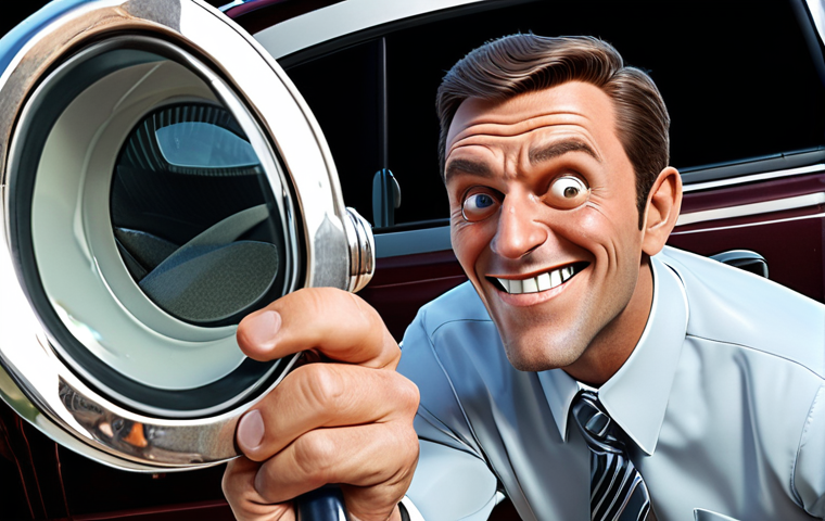 A used car salesman with a sly grin, hiding the car's damage. The buyer looks skeptical, holding a magnifying glass to the engine. Style: Cartoonish, slightly exaggerated features.