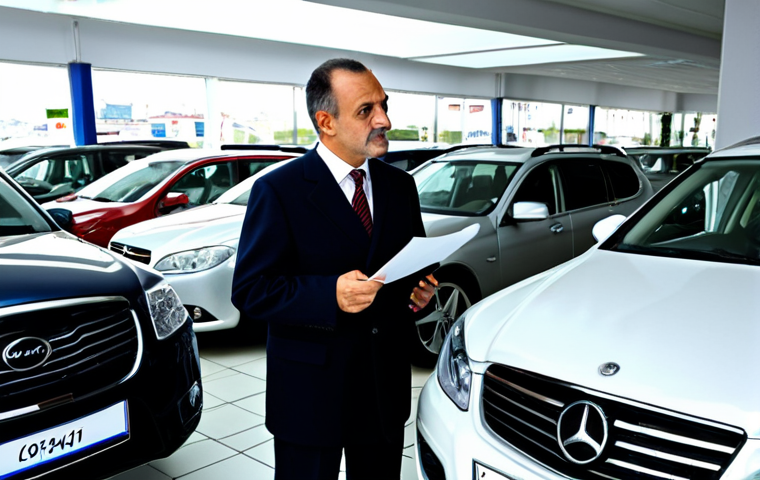 Second-hand Car Dealership**
"A customer examining a second-hand car at a dealership in Istanbul. The salesperson, in professional attire, is explaining the car's features. Focus on the customer's thoughtful expression. Background: a busy car lot with various makes and models. Fully clothed, appropriate attire, safe for work, perfect anatomy, natural proportions, professional photography, high quality, family-friendly."
**
