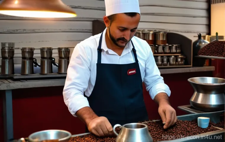 마르크스 경제사상 - A vibrant, high-detail photograph depicting the journey of coffee in Turkey. Start with skilled farm...